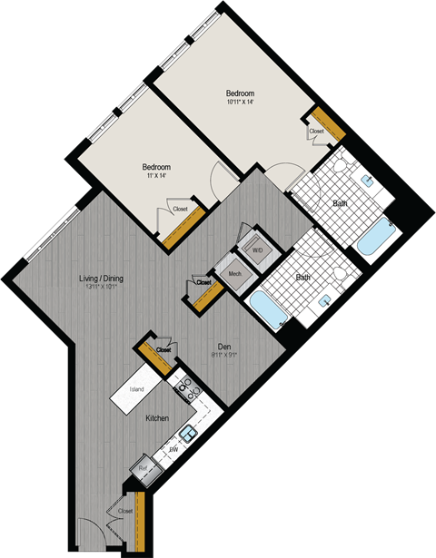 Floor plan for 2 beds, 2 baths, 1221 sqft